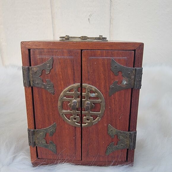 VintageRosewoodAsian wood & brass 3 drawer silk lined Jewelry box